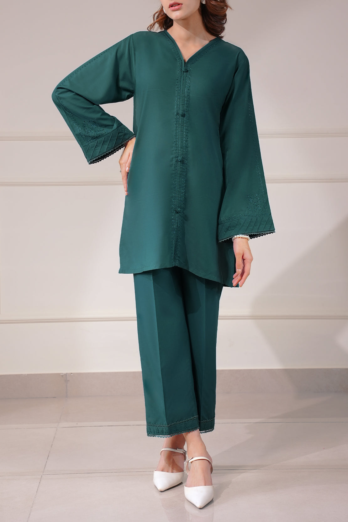 Solid Embroidered Easy Care Weave Stitched 2 Piece (Shirt/Trouser)67738