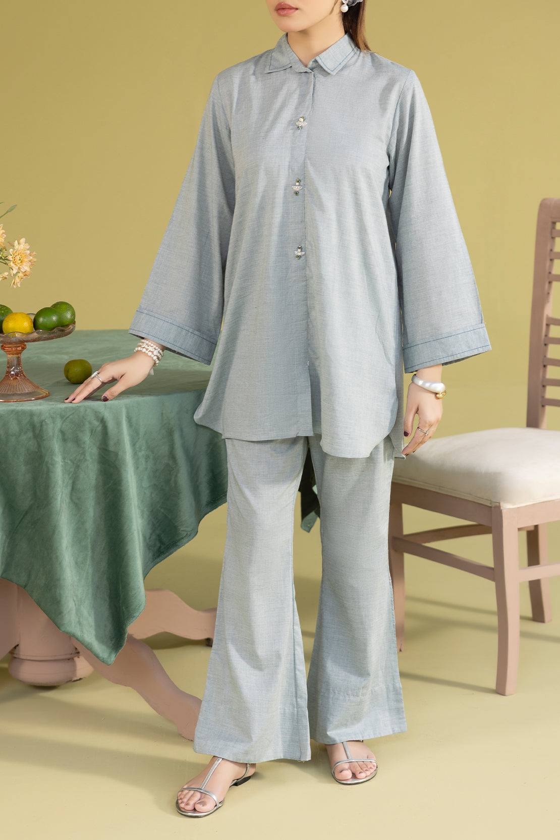 Solid Acrylic Stitched Shirt/Trouser 2 Piece79884