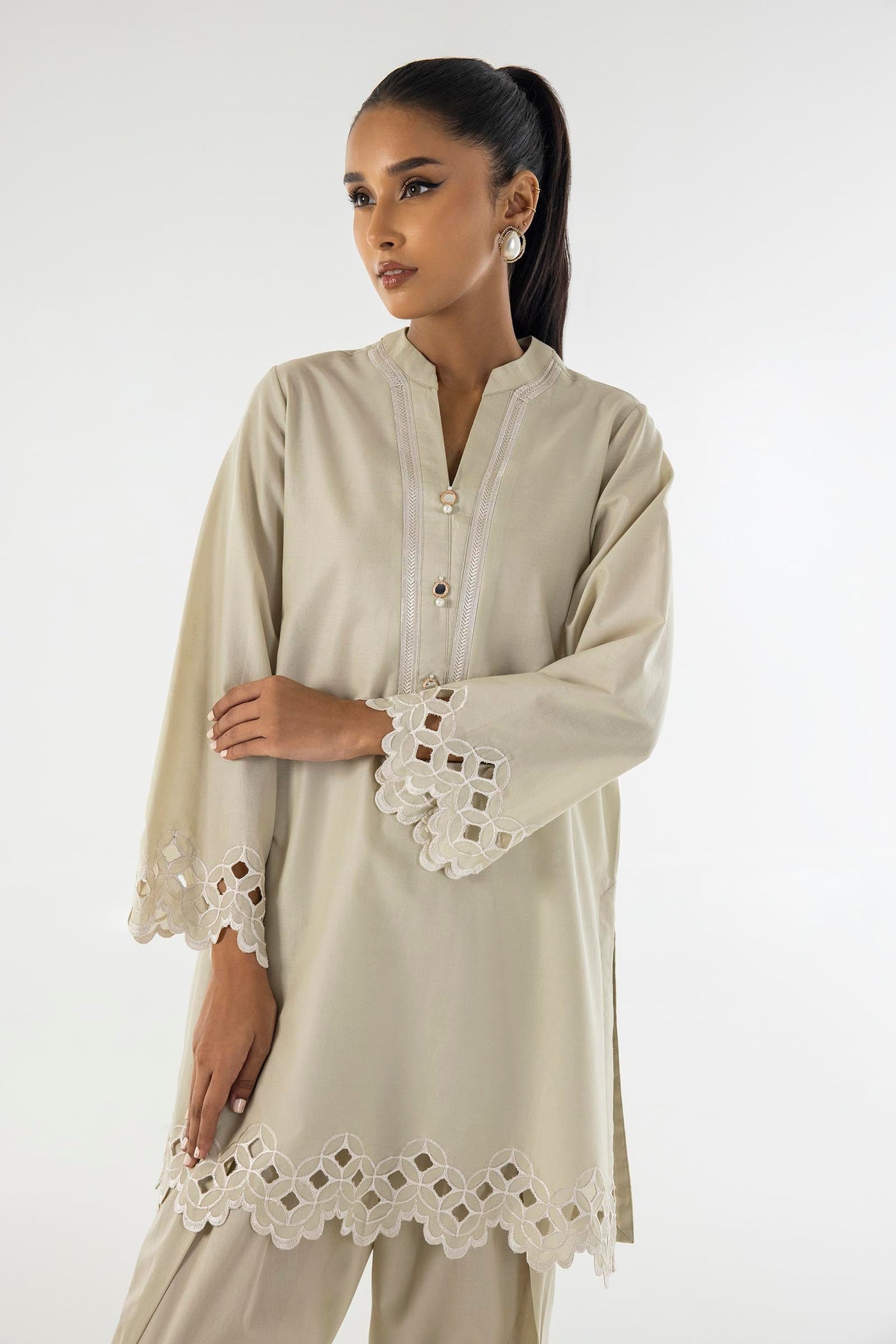 Stitched Basic Lawn Cutwork Shirt + Skinny Shalwar