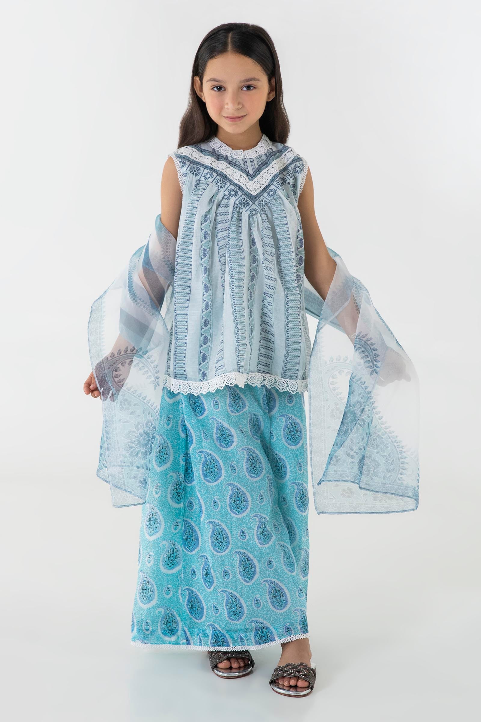 Stitched Kids Blue Embroidered Shirt + Pant + Dupatta