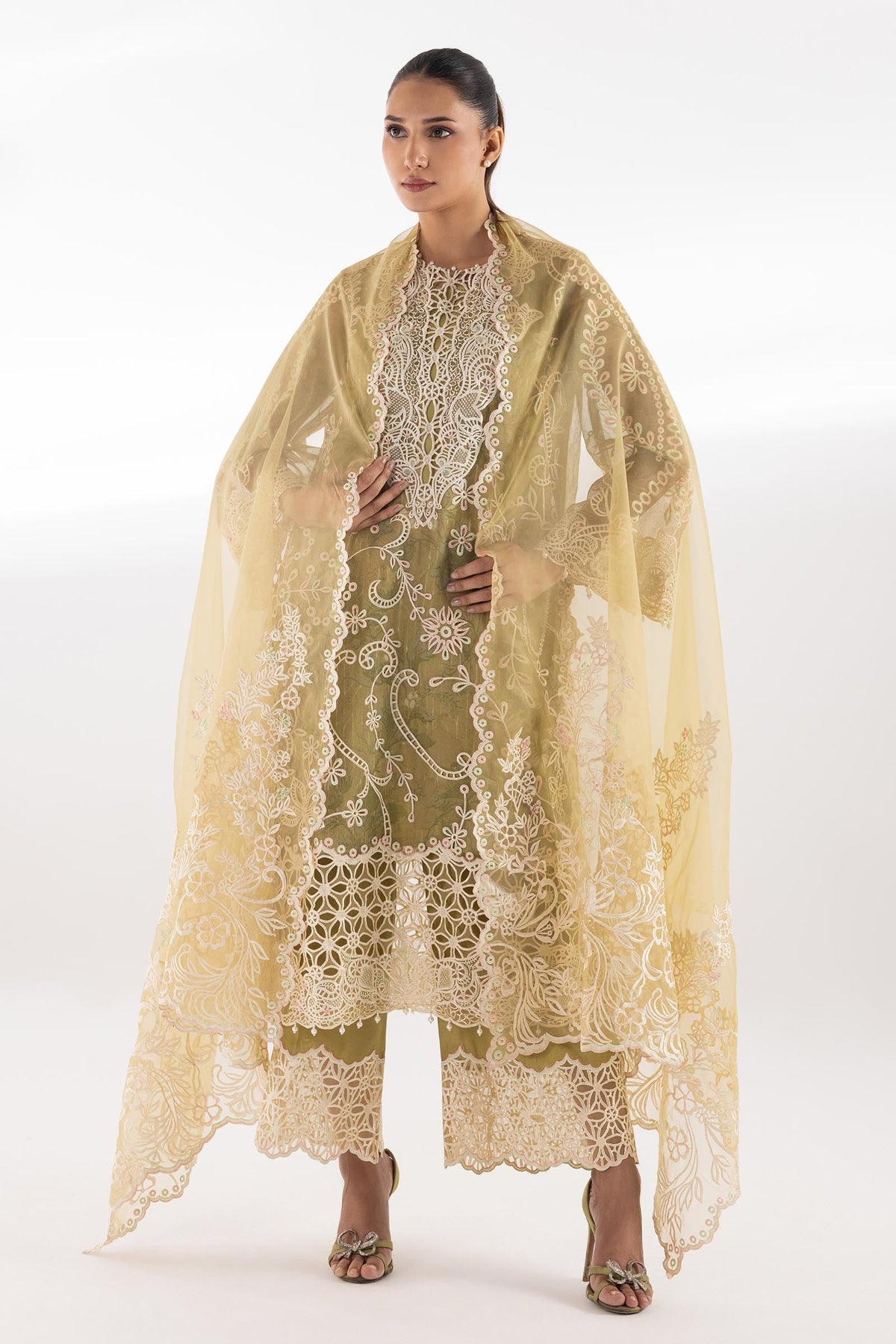 Stitched Embroidered Organza Suit