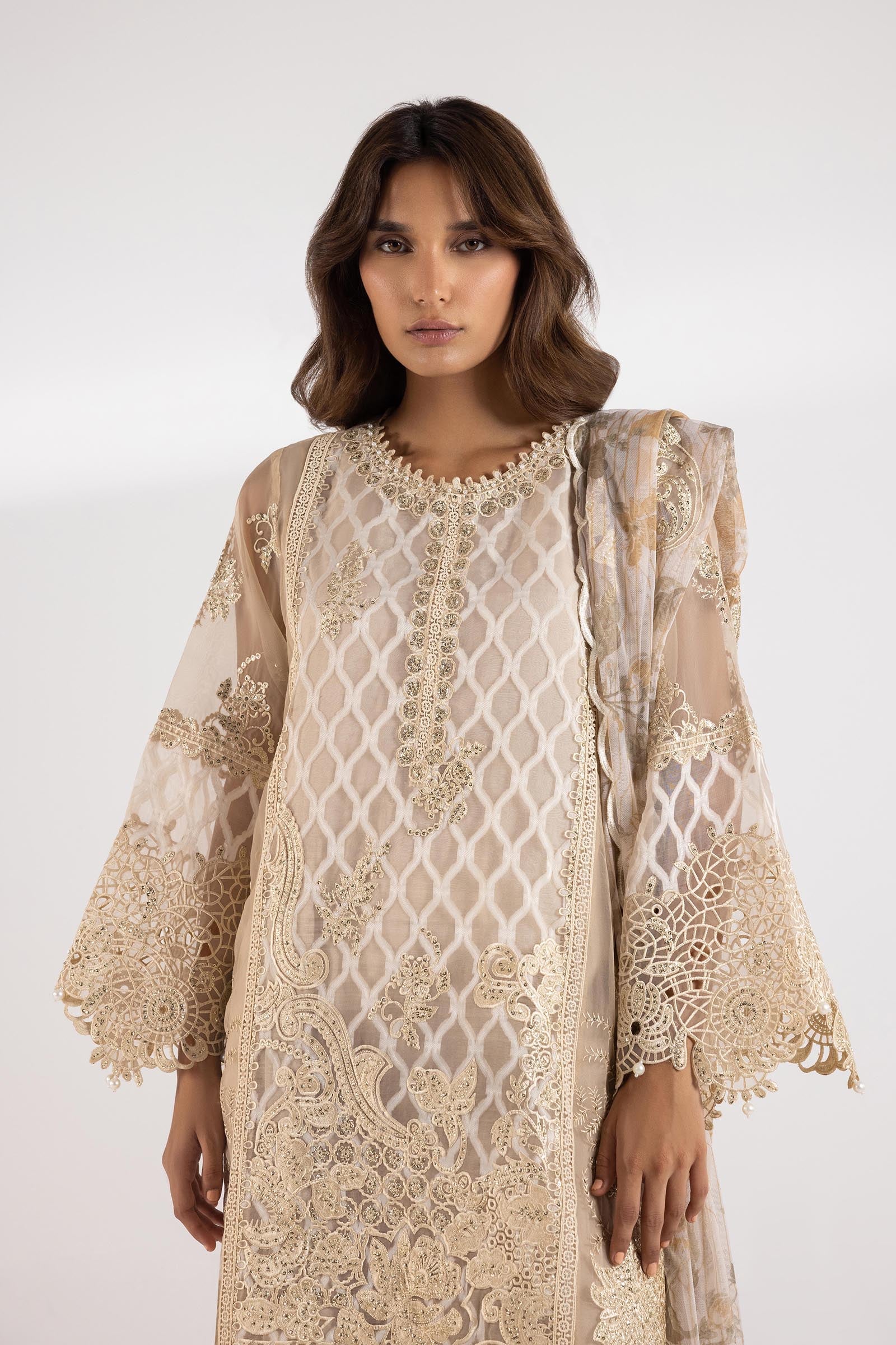 Stitched Embroidered Organza Suit