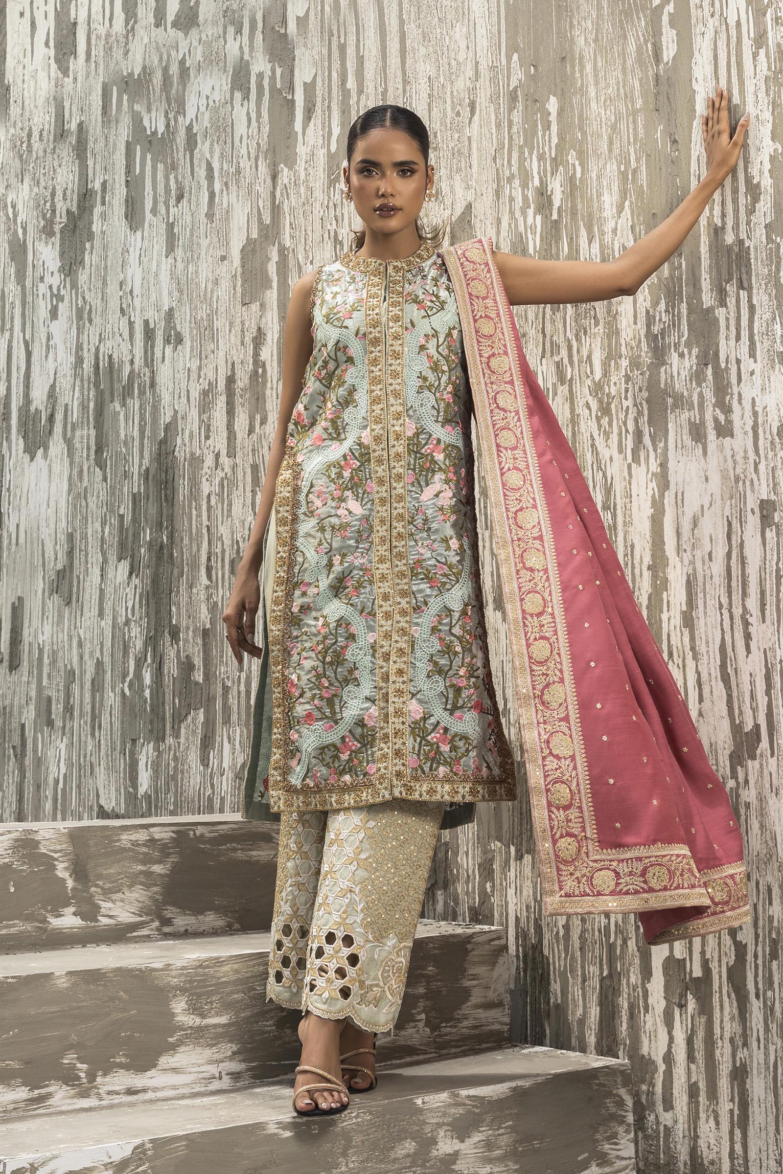 Stitched Luxury Embroidered Sleeveless Shirt + Bottom + Dupatta