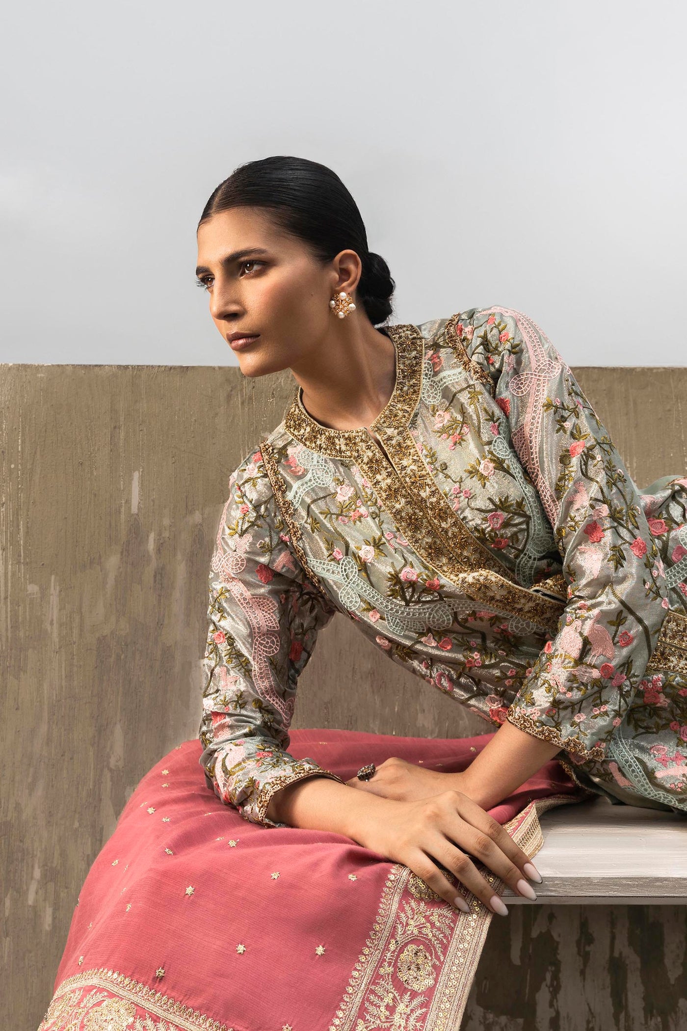 Stitched Luxury Embroidered Front Open Shirt + Bottom + Dupatta