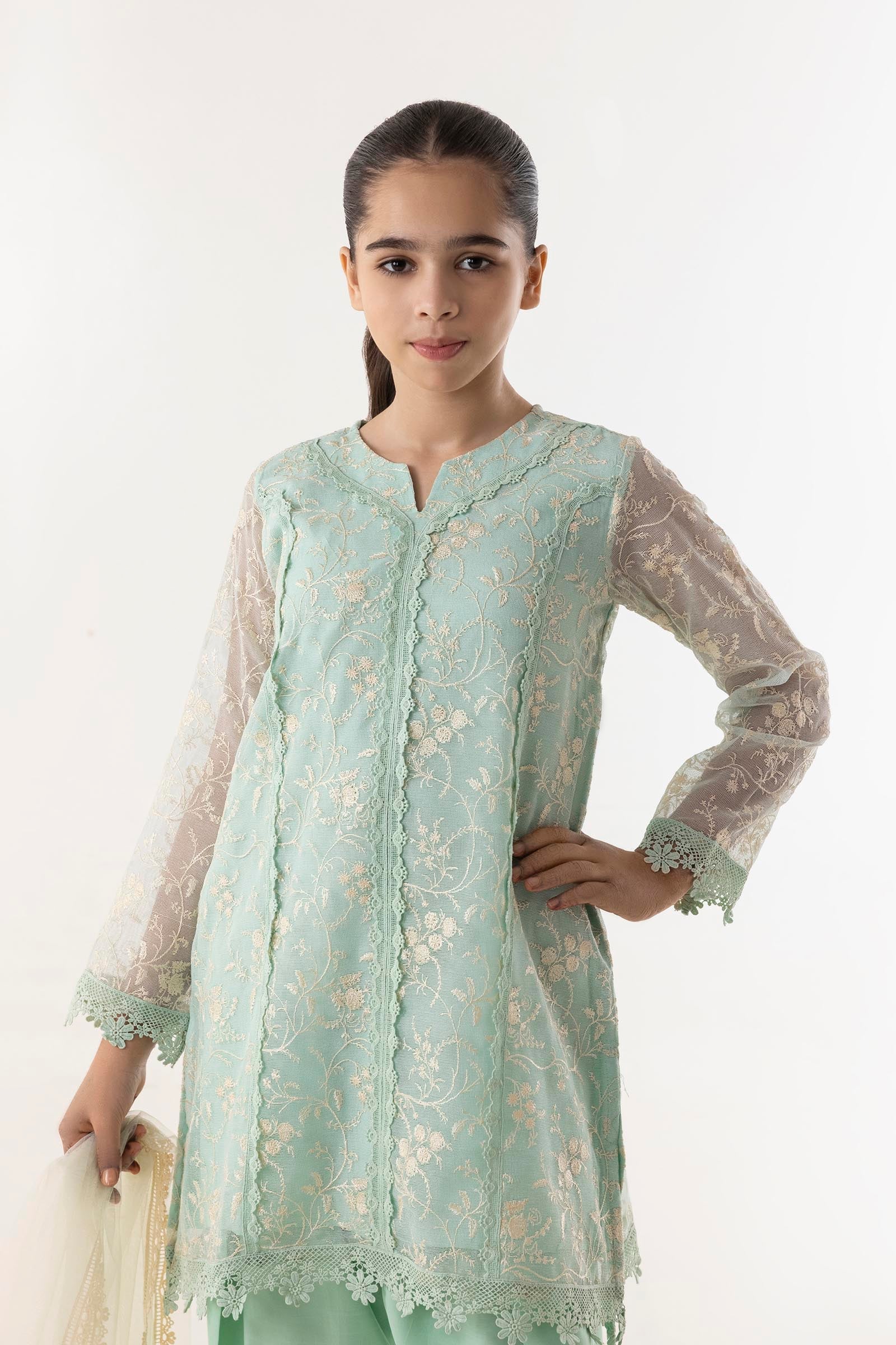 Stitched Kids Khaddi Net Embroidered Suit