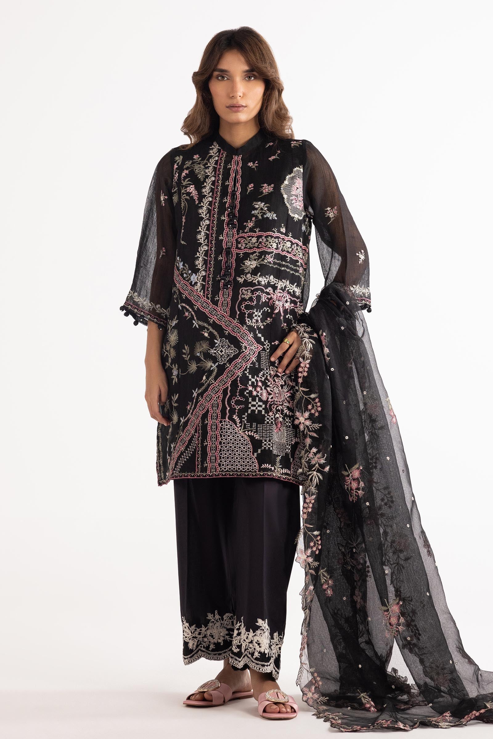 Stitched Embroidered Cotton Net Dupatta
