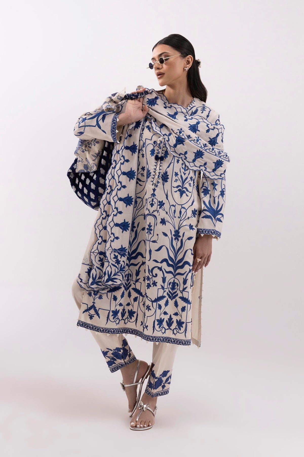 Stitched Embroidered Raw Silk Skinny Shalwar