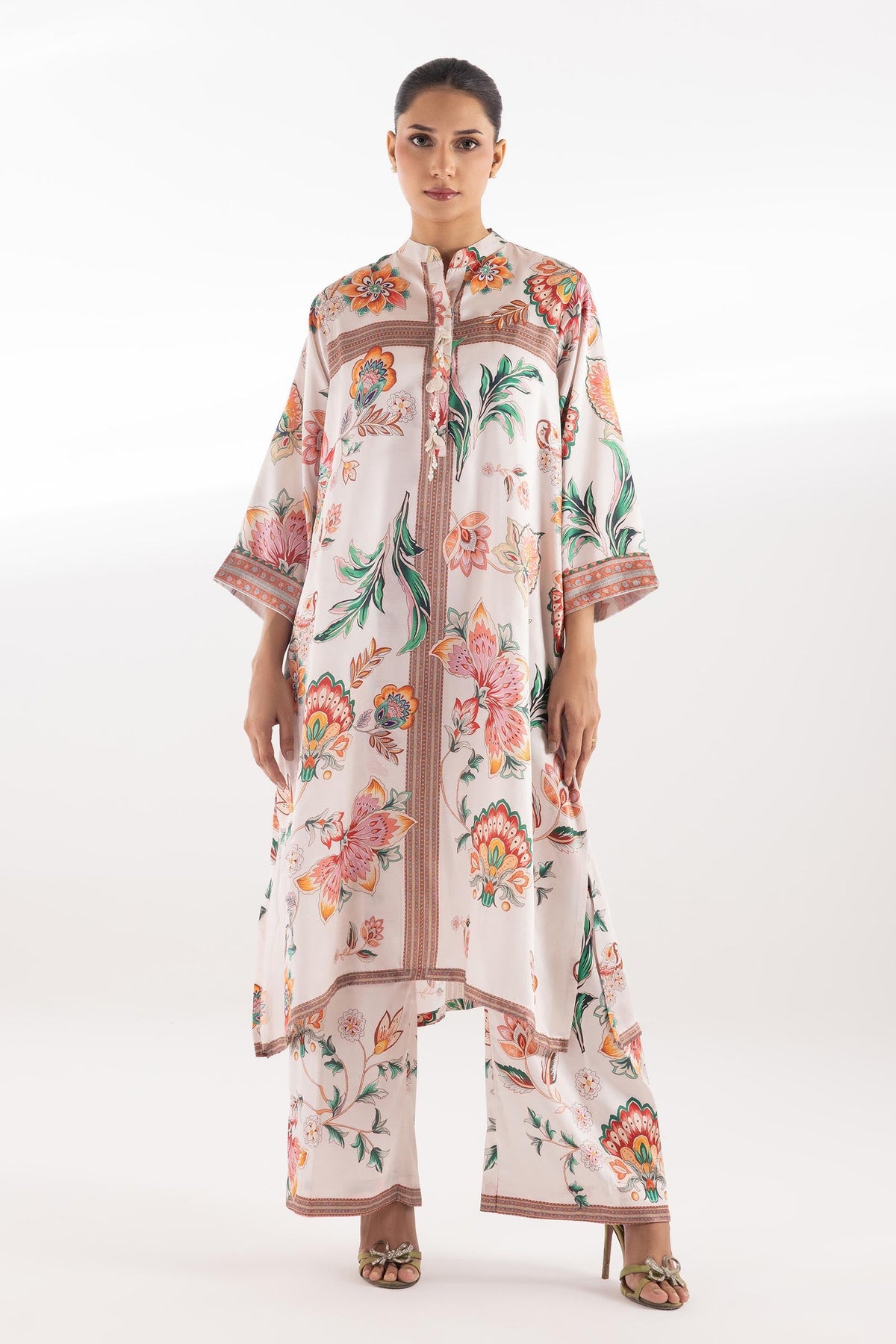 Stitched Printed Satin Shirt + Boot Pants