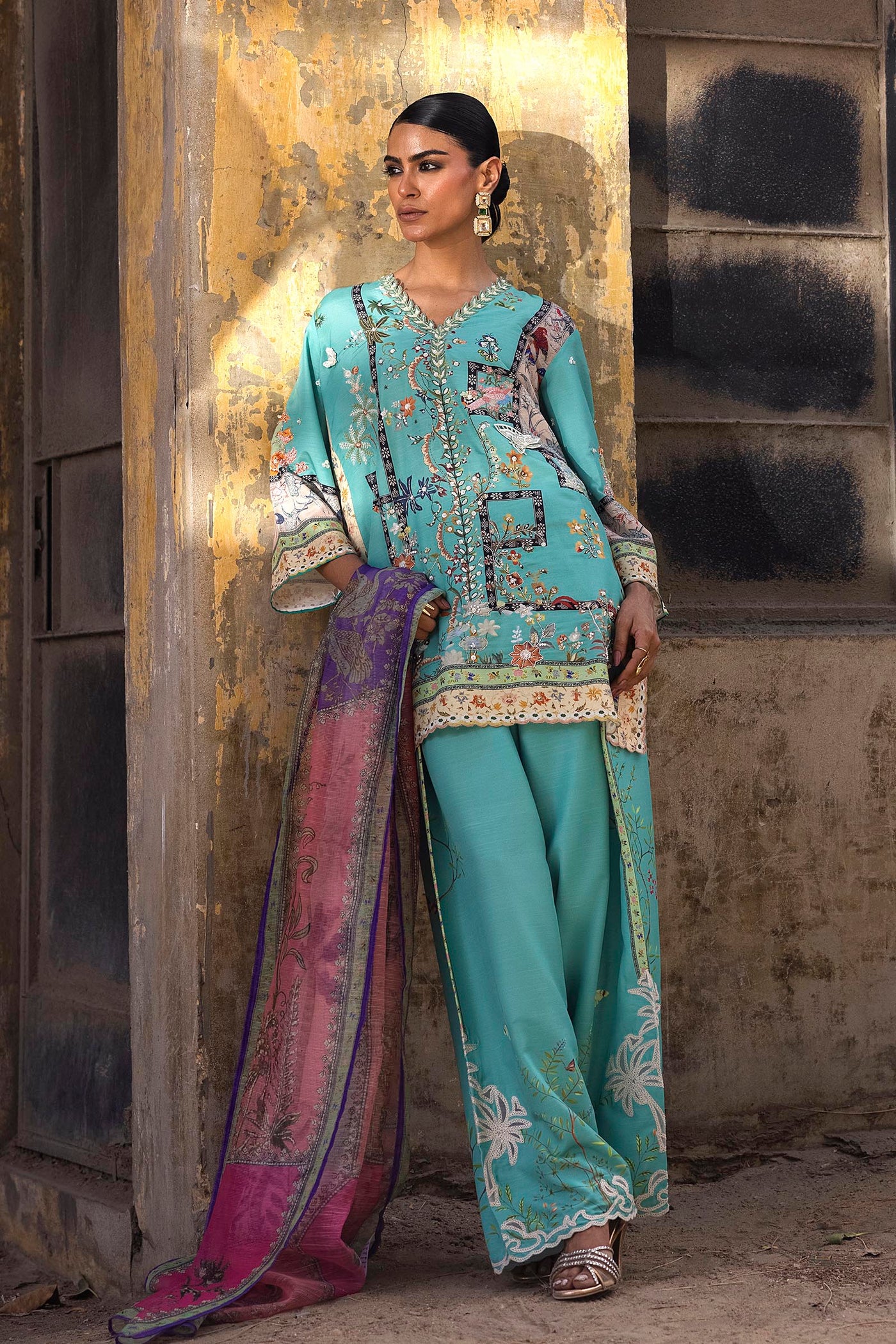 Stitched Printed Raw Silk Suit