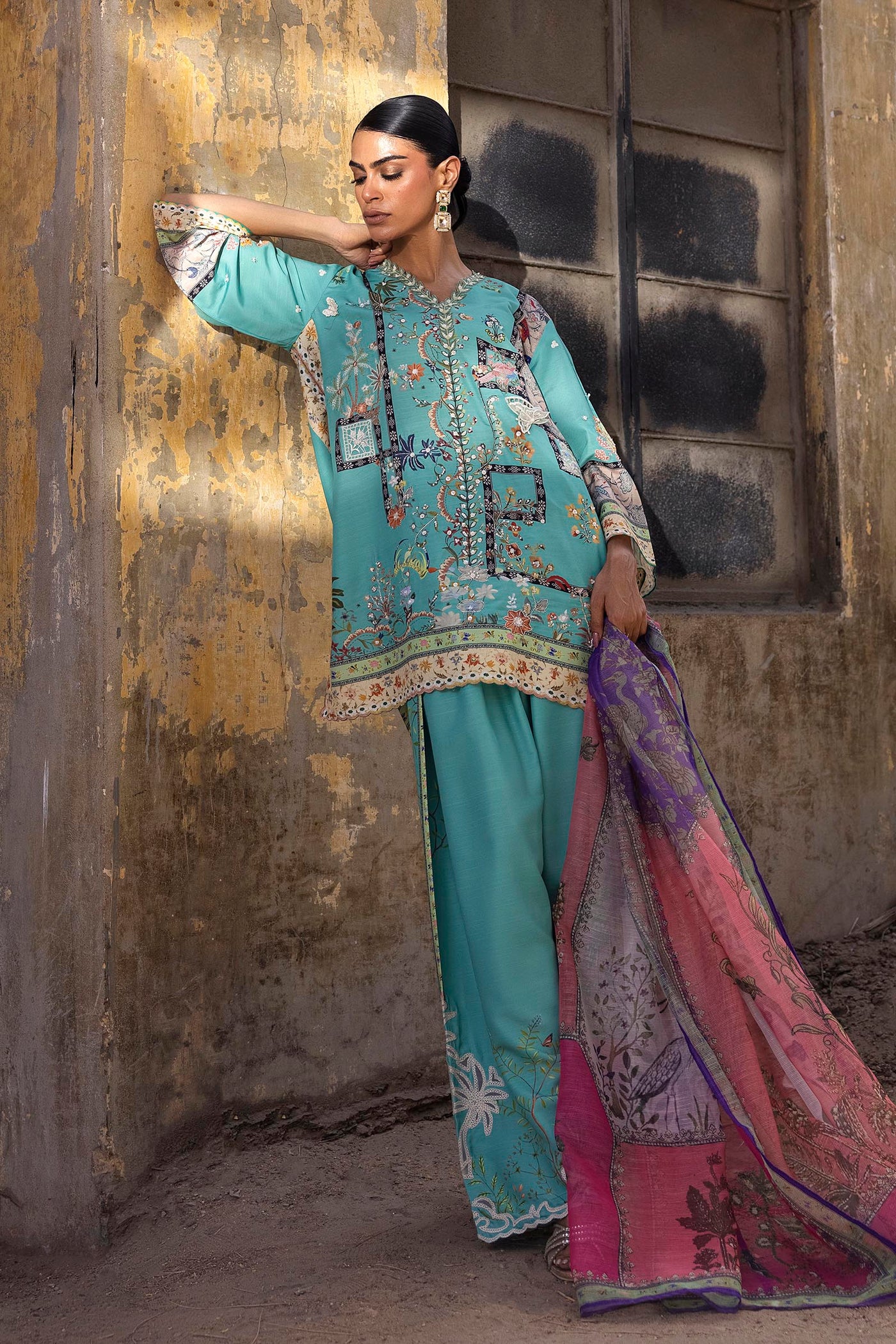 Stitched Printed Raw Silk Suit