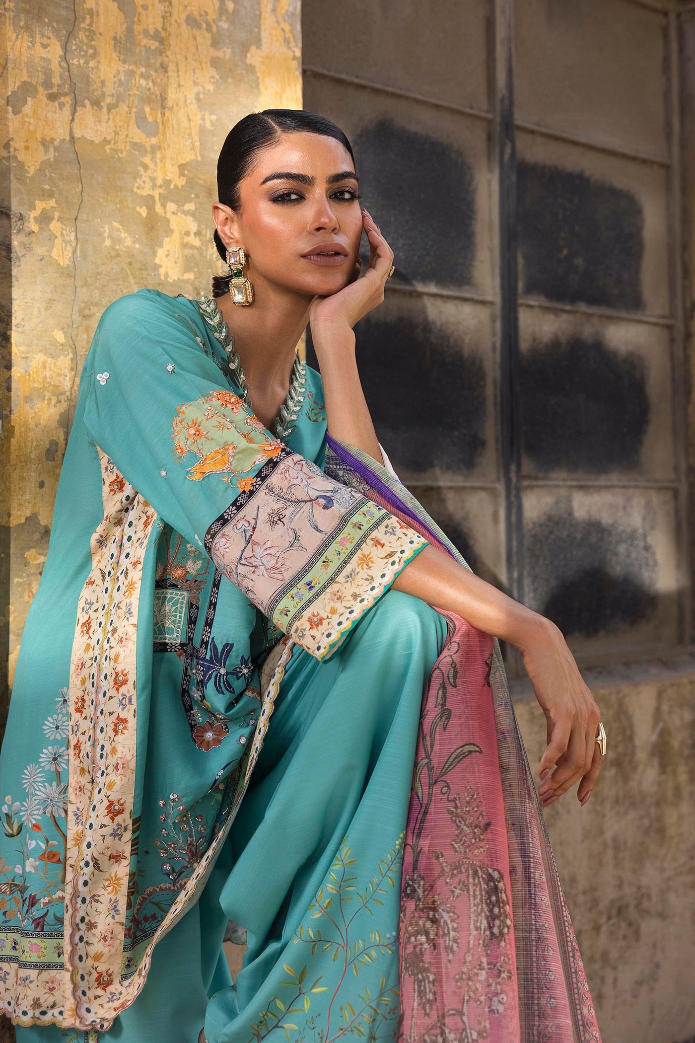 Stitched Printed Raw Silk Suit