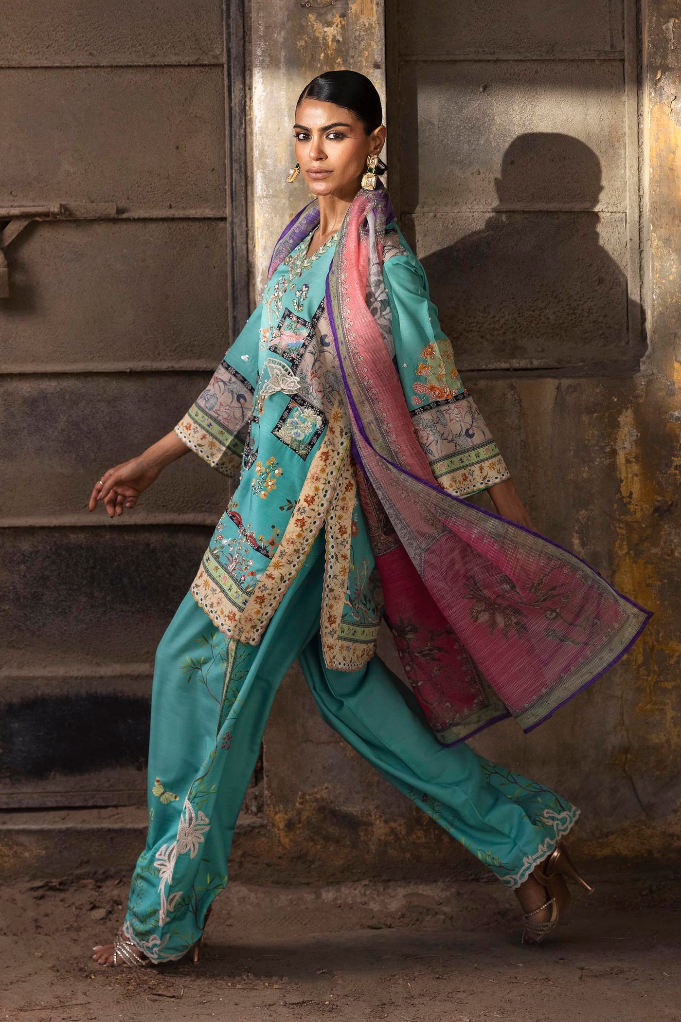 Stitched Printed Raw Silk Suit