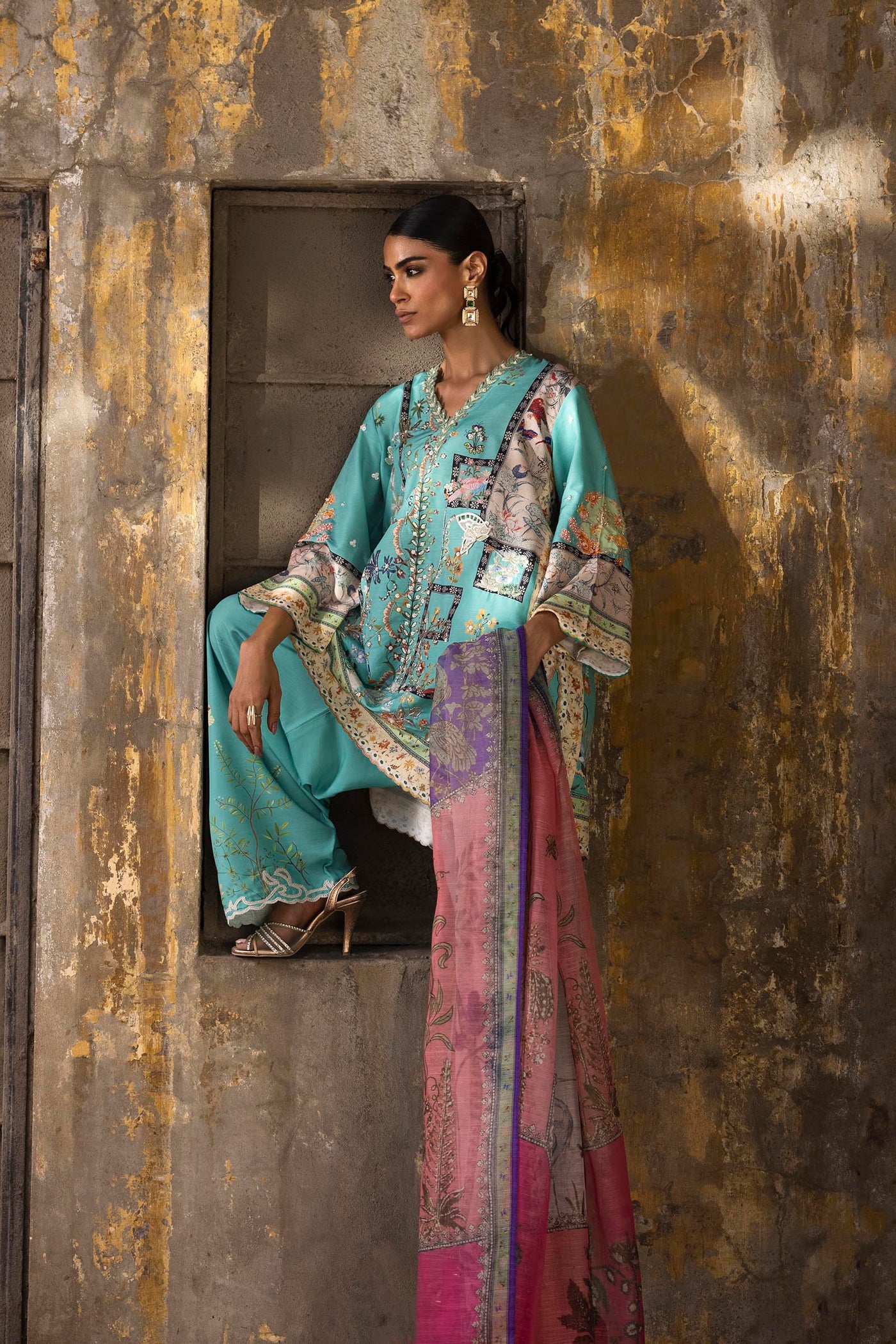 Stitched Printed Raw Silk Suit