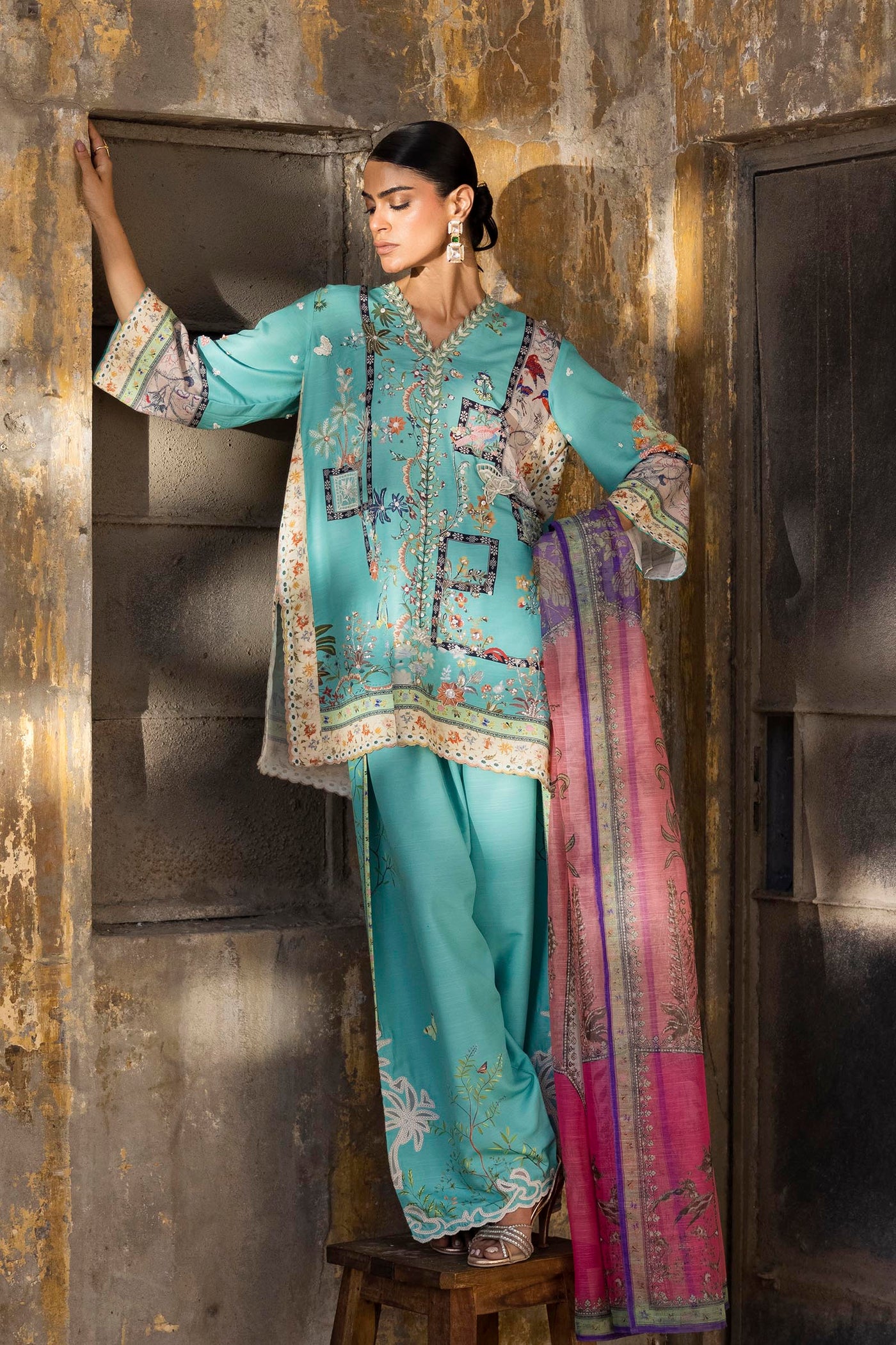 Stitched Printed Raw Silk Suit