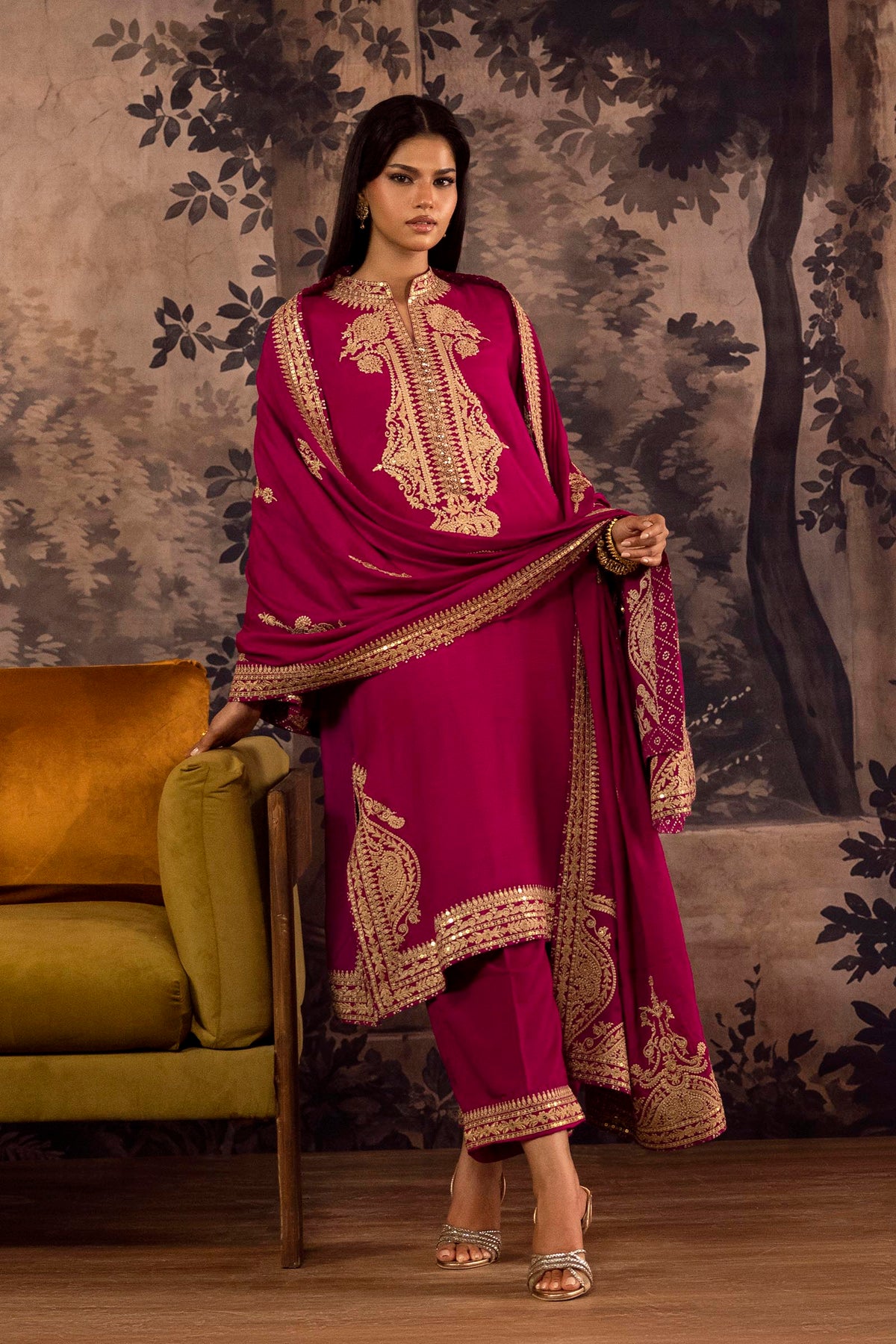 Stitched Embroidered Blended Raw Silk Suit