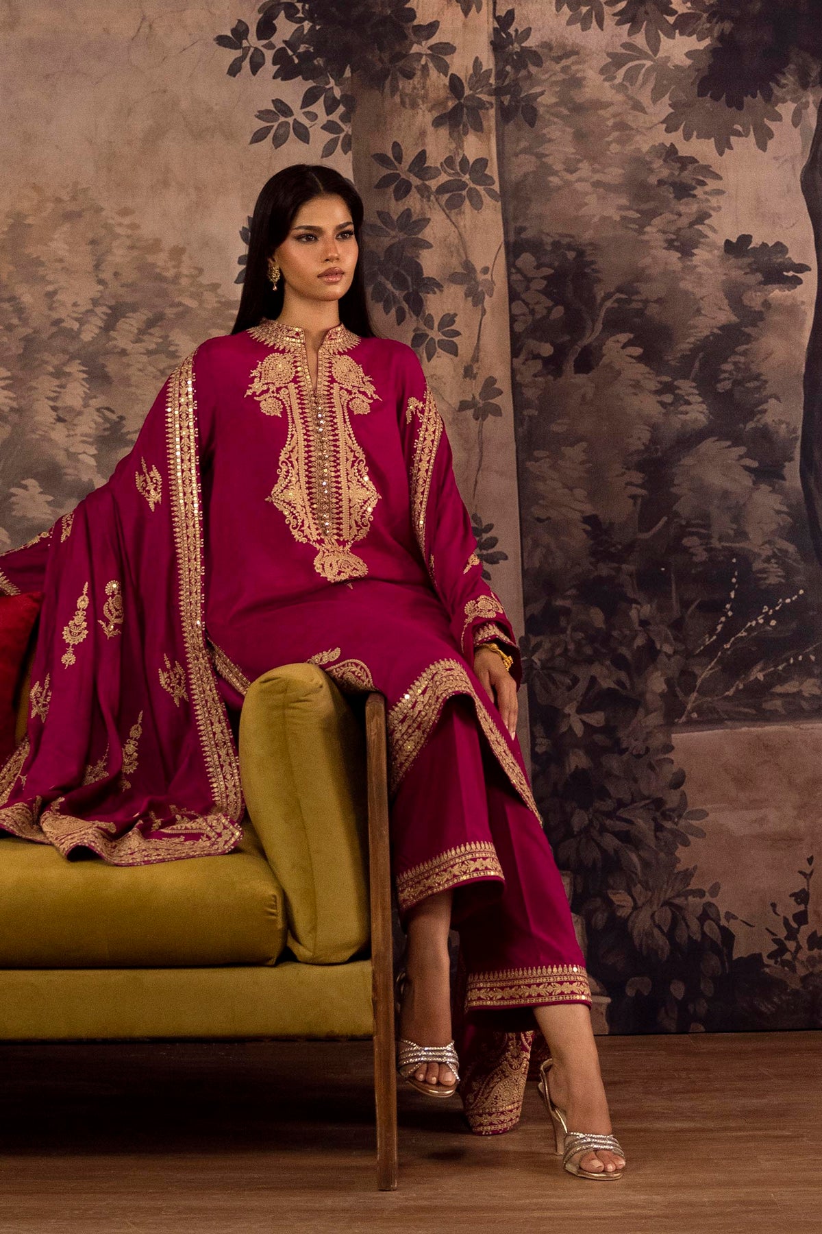 Stitched Embroidered Blended Raw Silk Suit