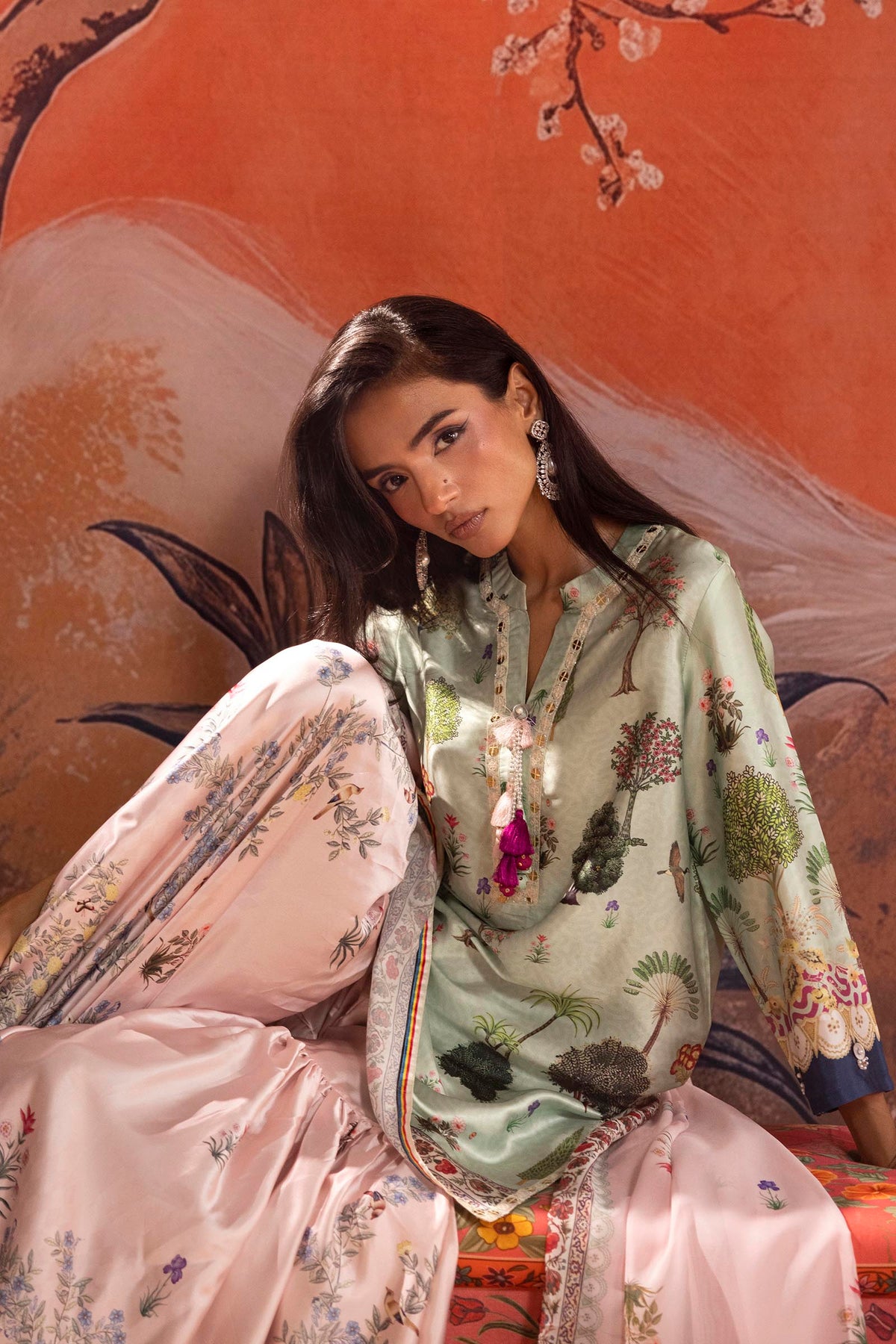 Stitched Printed Satin Suit