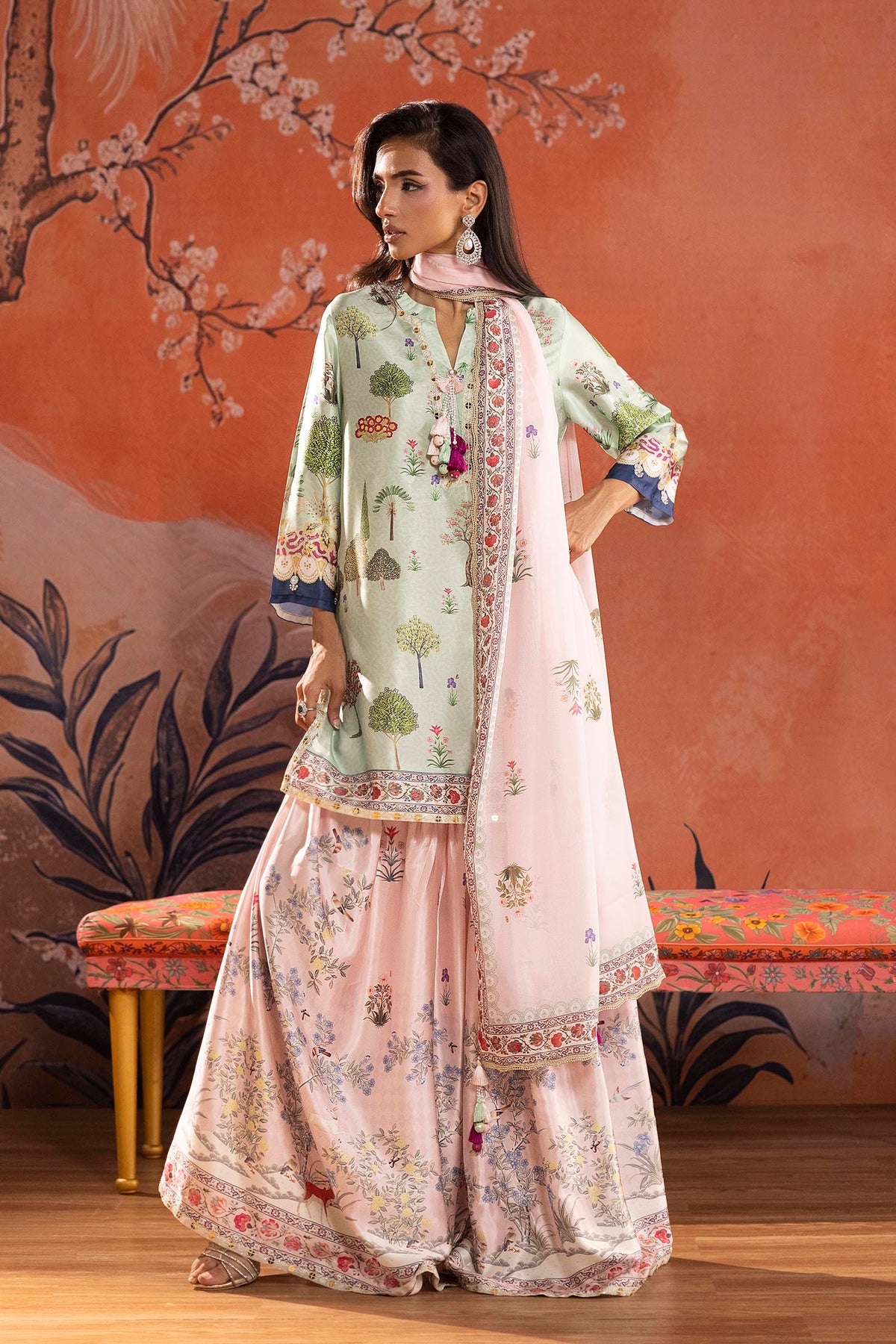 Stitched Printed Satin Suit
