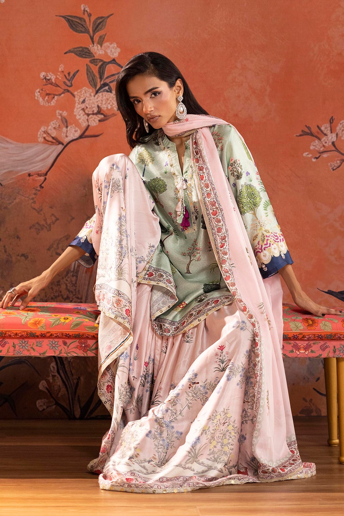 Stitched Printed Satin Suit
