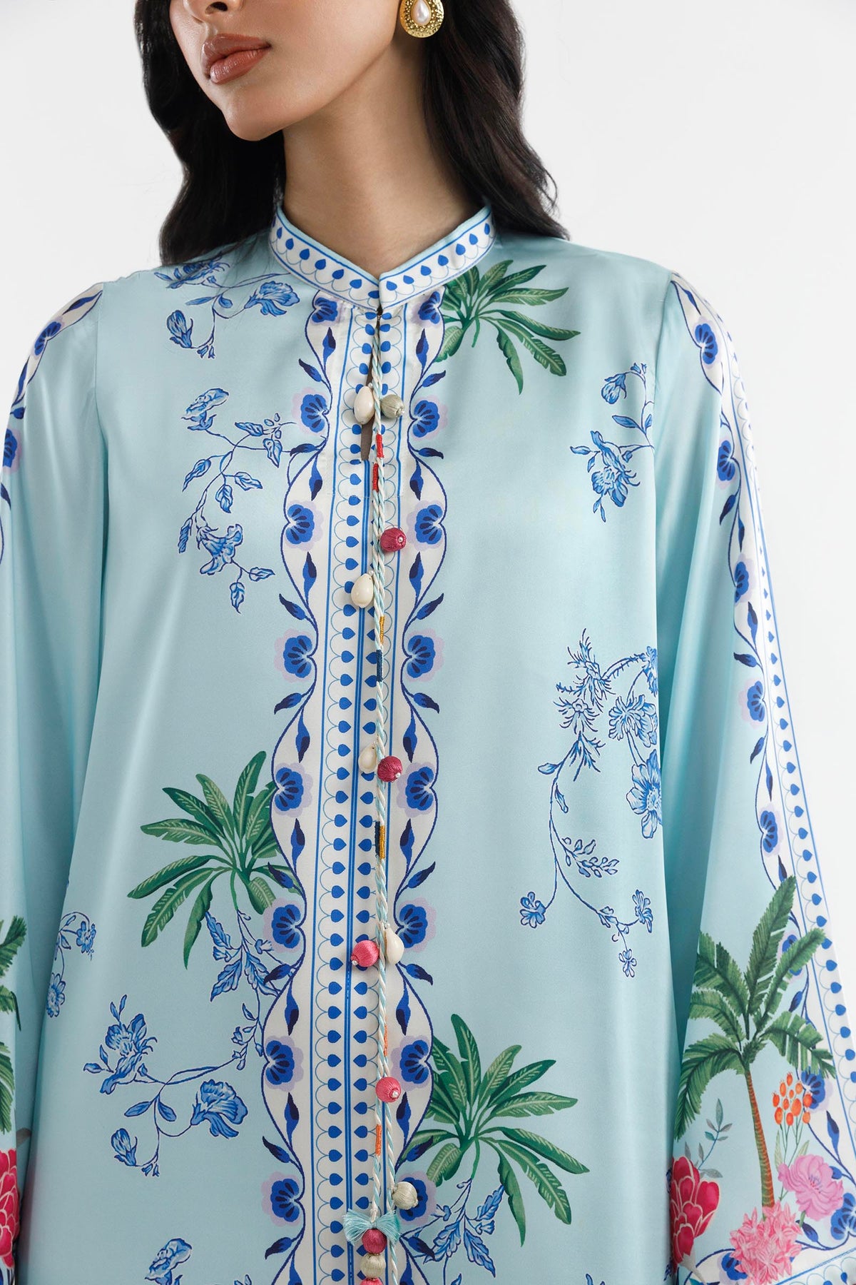 Stitched Printed Satin Kaftan
