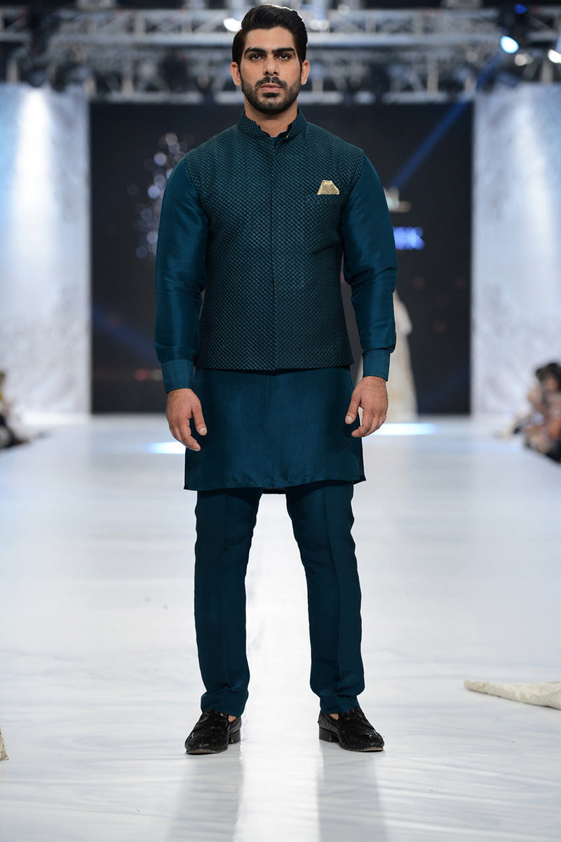 Teal Raw Silk Waist Coat With Kurta And Trousers