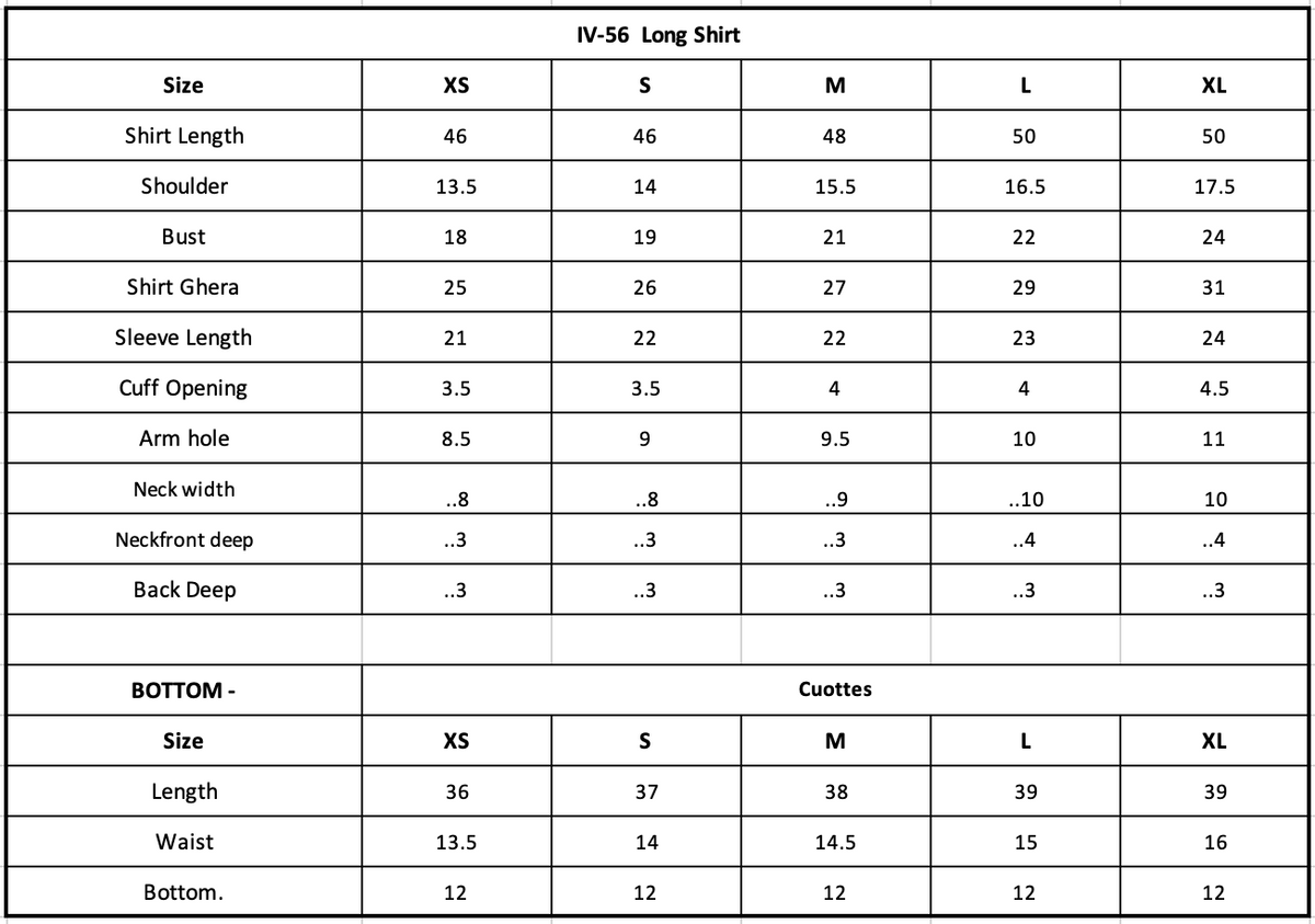 Size Chart (inches)