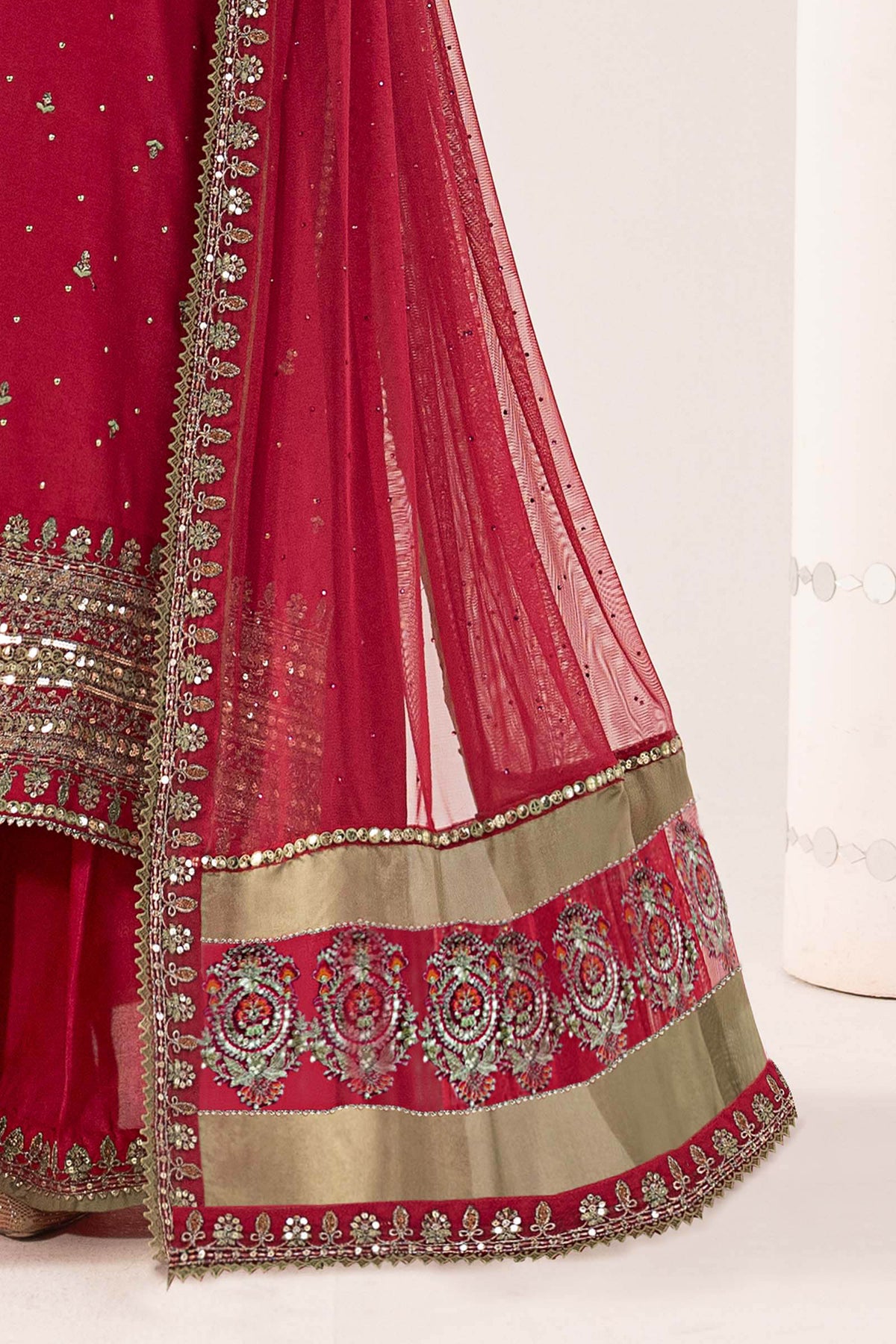 3 Piece Embroidered Raw Silk Suit - SFP2610-ESM-PNK