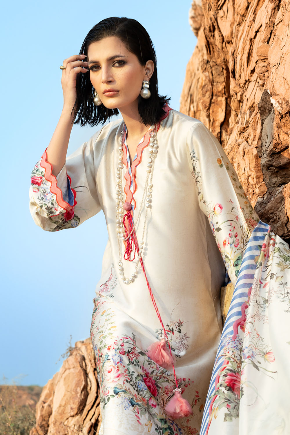 3 Piece Printed Silk Charmeuse Suit With Dupatta