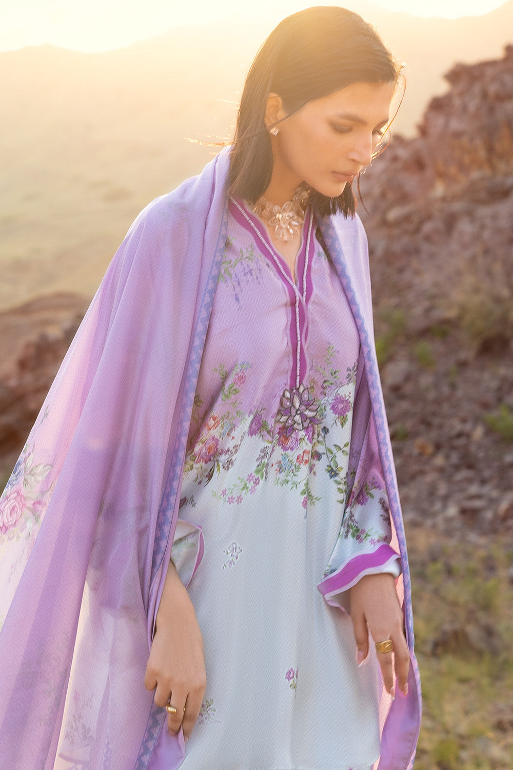 3 Piece Printed Silk Charmeuse Suit with Dupatta