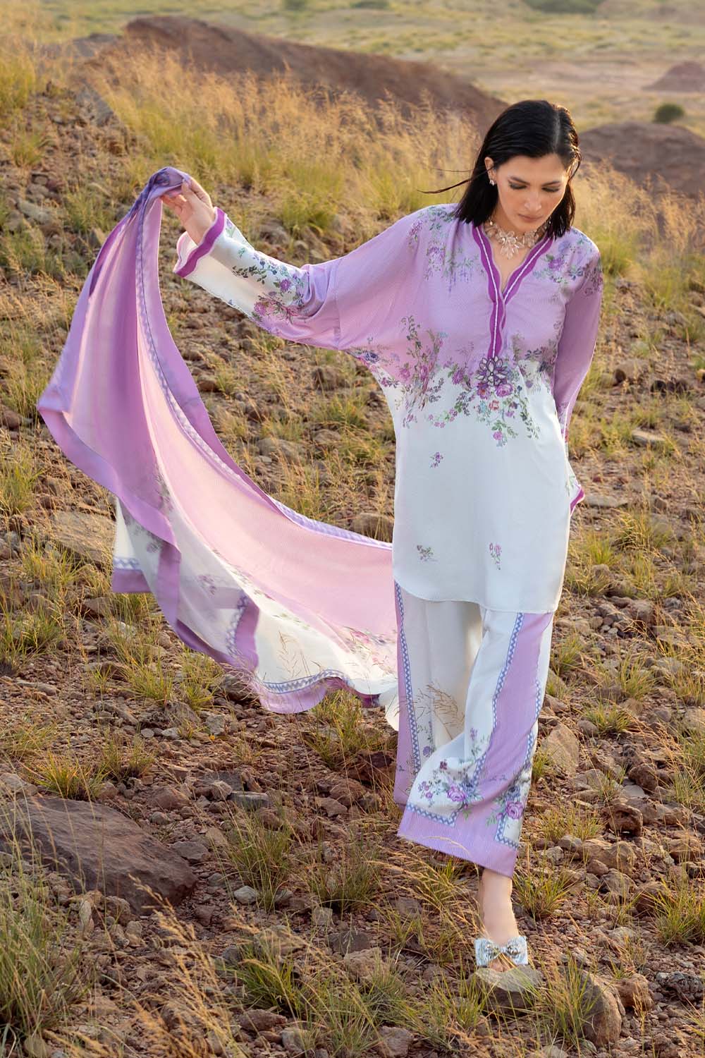3 Piece Printed Silk Charmeuse Suit with Dupatta
