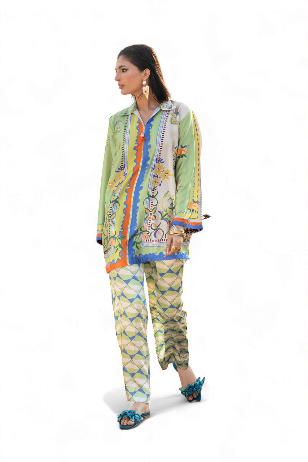 2 Piece Printed Charmeuse Silk Suit with Trouser