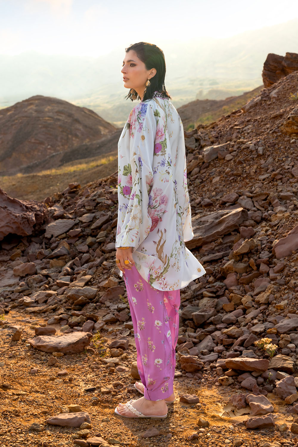 2 Piece Printed Charmeuse Silk Suit with Trouser