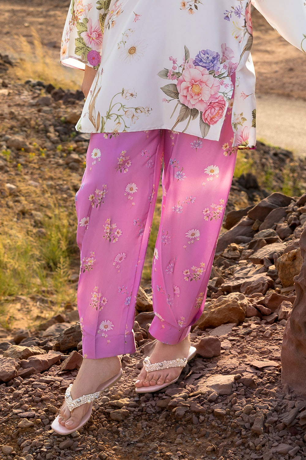 2 Piece Printed Charmeuse Silk Suit with Trouser