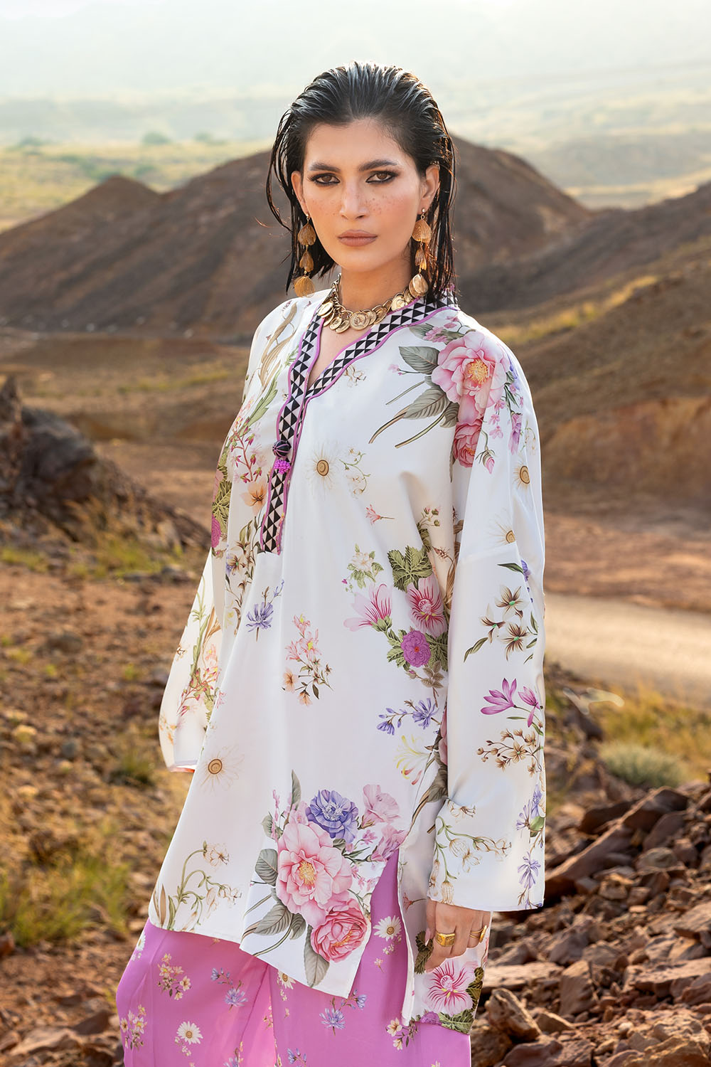2 Piece Printed Charmeuse Silk Suit with Trouser