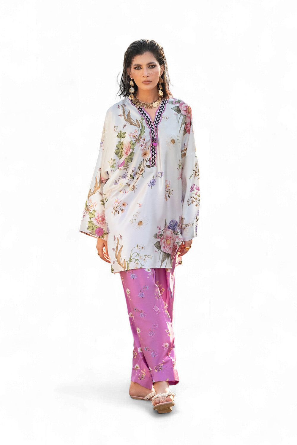 2 Piece Printed Charmeuse Silk Suit with Trouser