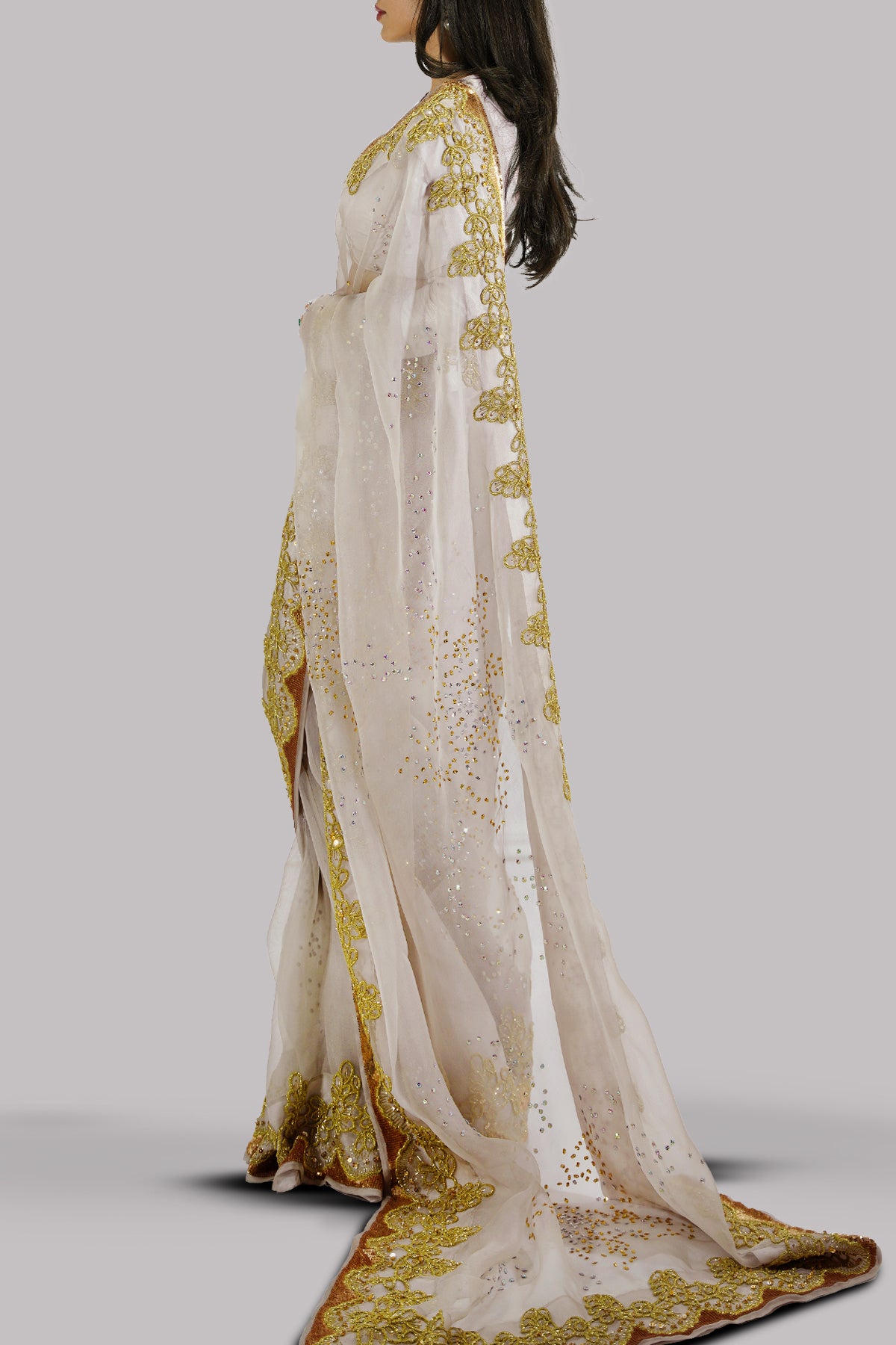 Silver Gray Embellished Organza Sari