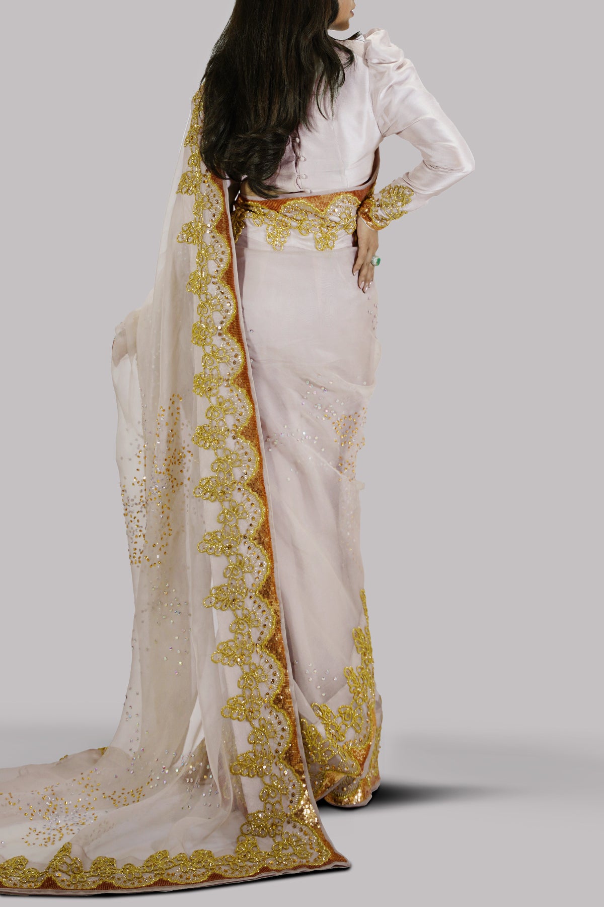 Silver Gray Embellished Organza Sari