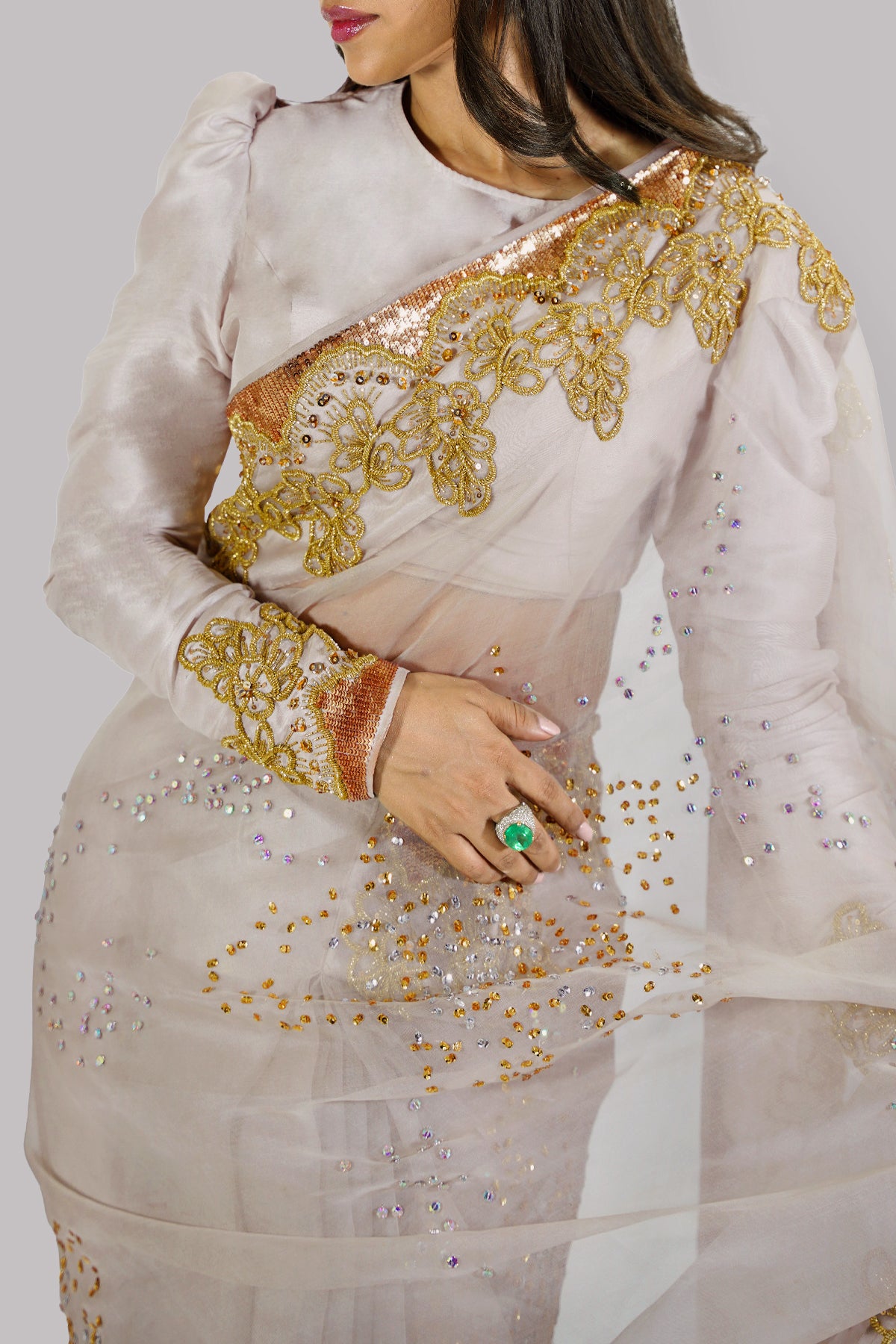 Silver Gray Embellished Organza Sari