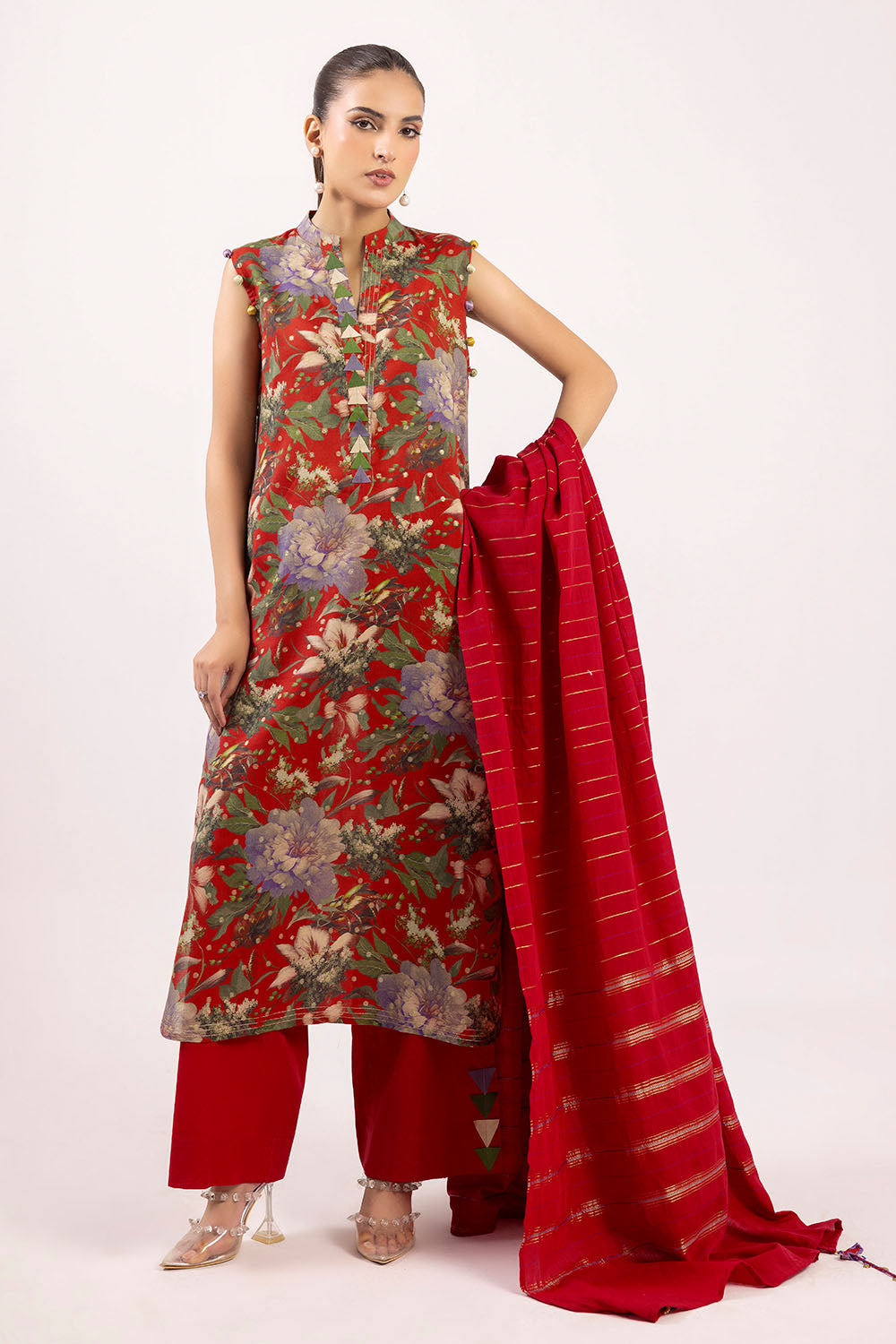 3 Piece Printed Lurex Jacquard Suit with Stripe Dupatta