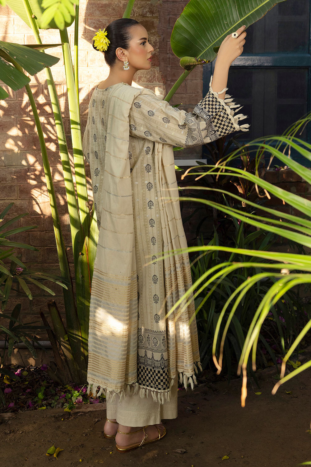 3 Piece Printed Lurex Jacquard Suit With Stripe Dupatta