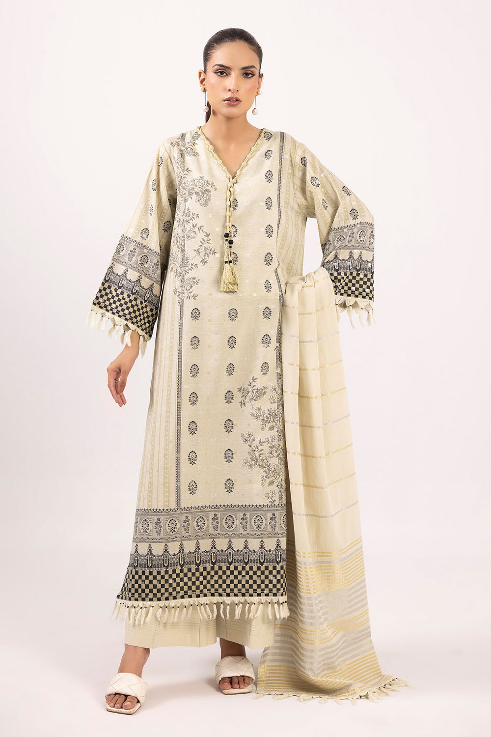3 Piece Printed Lurex Jacquard Suit with Stripe Dupatta