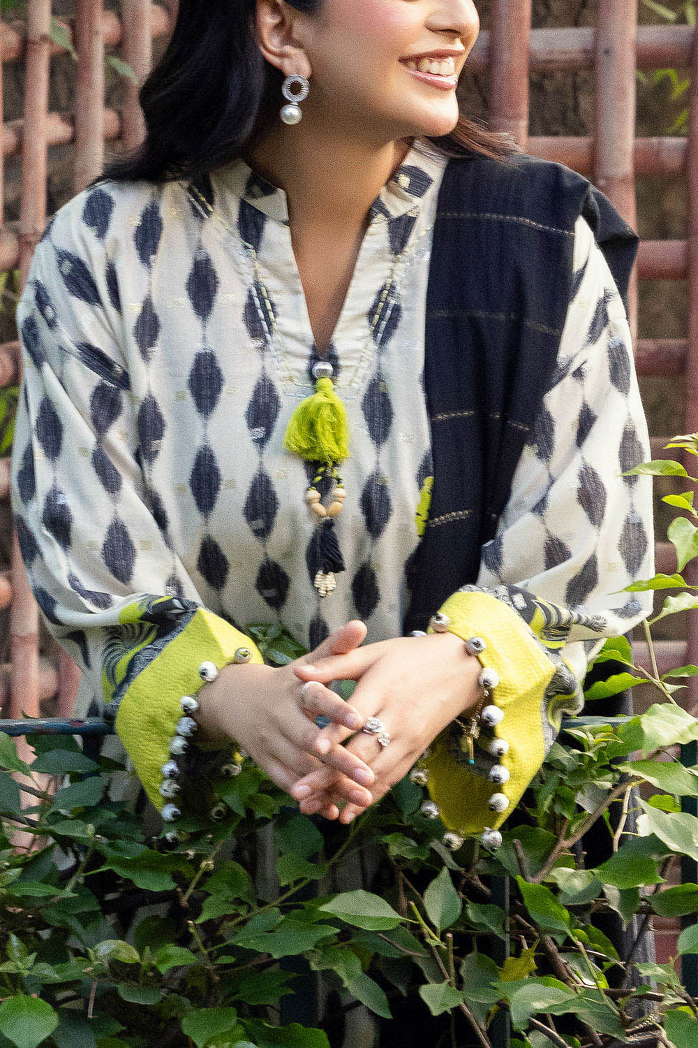 3 Piece Printed Lurex Jacquard Suit With Stripe Dupatta