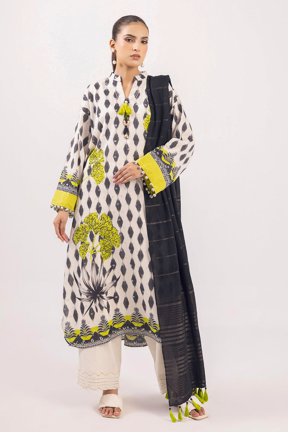 3 Piece Printed Lurex Jacquard Suit with Stripe Dupatta