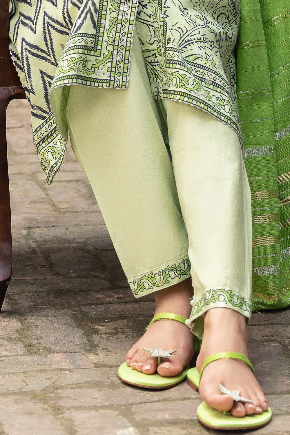 3 Piece Printed Lurex Jacquard Suit With Stripe Dupatta