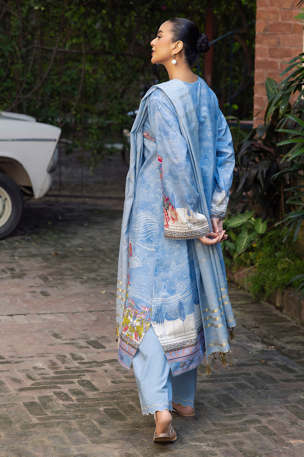 3 Piece Printed Lurex Jacquard Suit with Stripe Dupatta
