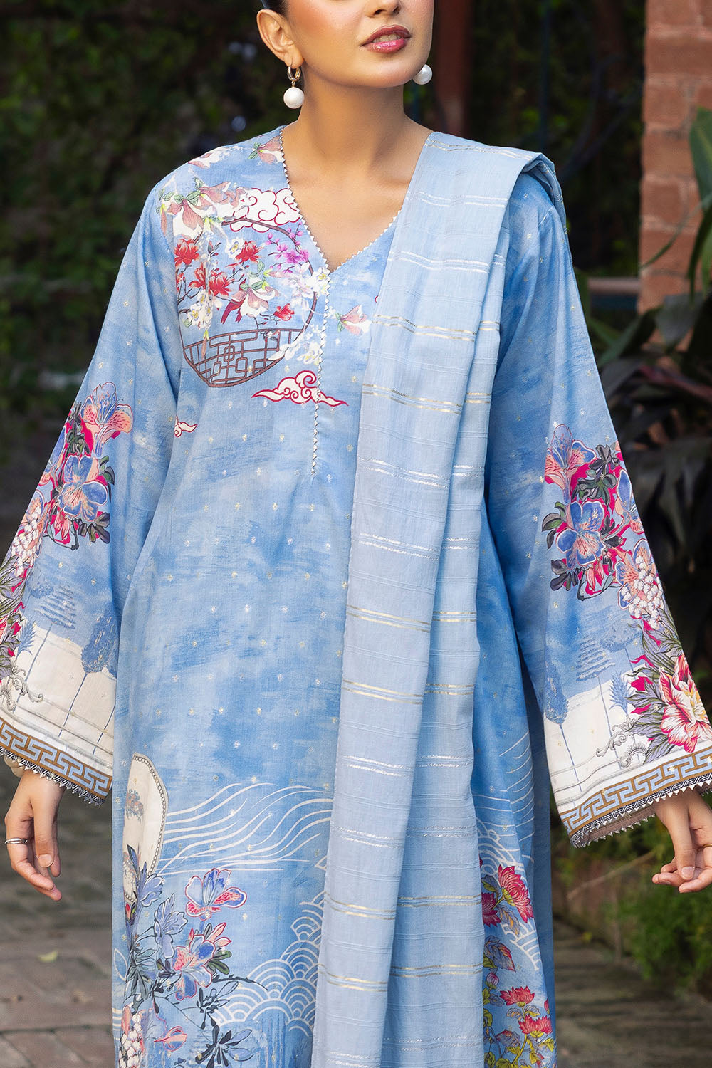 3 Piece Printed Lurex Jacquard Suit with Stripe Dupatta