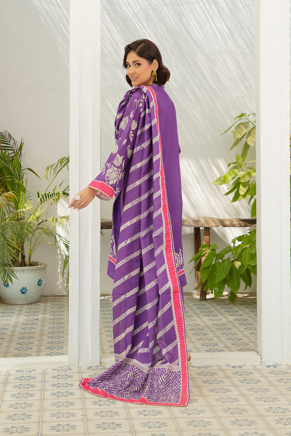 3 Piece Printed Stripe Khaddar Suit With Dupatta