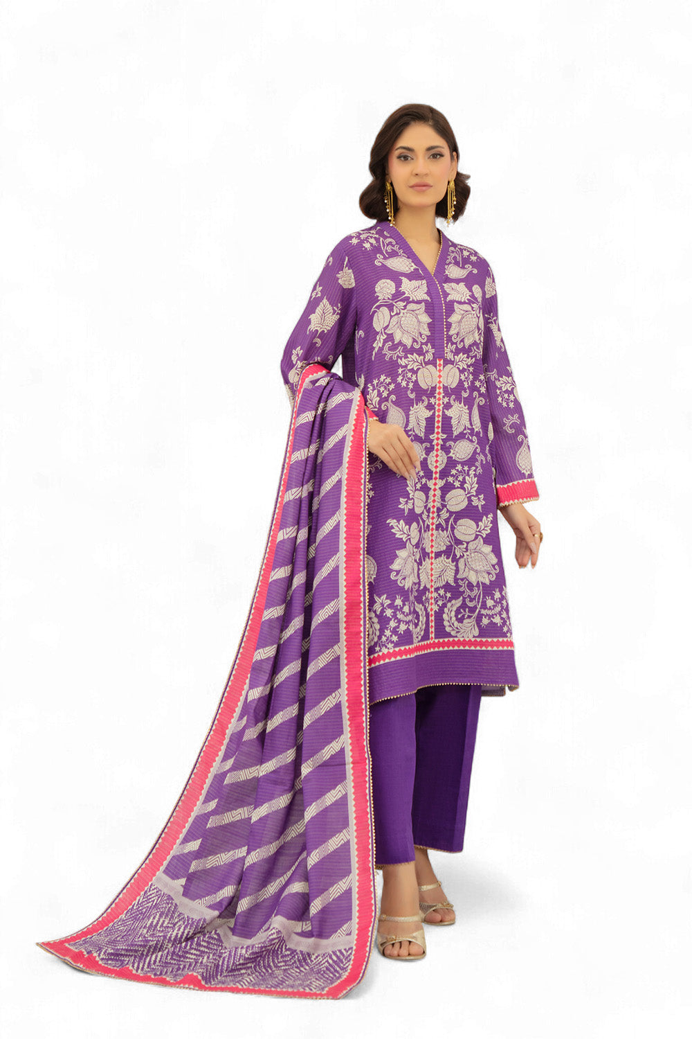 3 Piece Printed Stripe Khaddar Suit With Dupatta