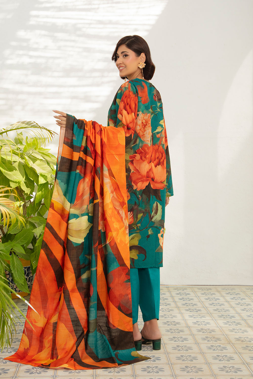 3 Piece Printed Stripe Khaddar Suit with Dupatta