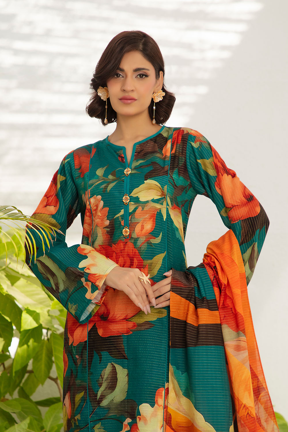 3 Piece Printed Stripe Khaddar Suit with Dupatta
